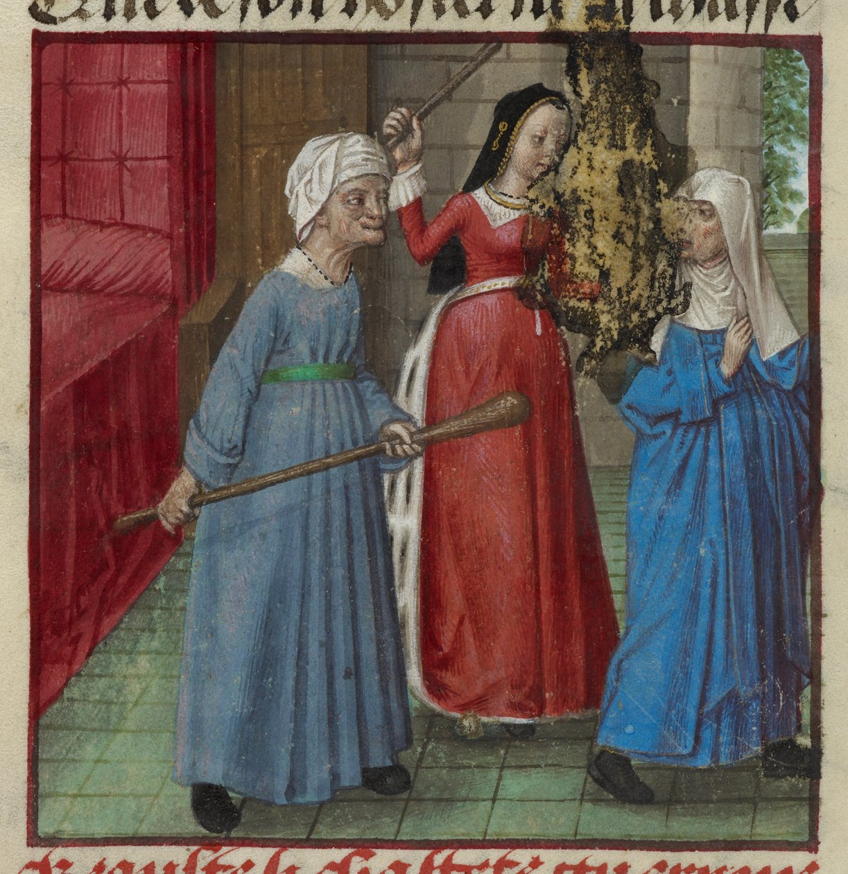 Harley 4425 fol.81v Miniatura de Beaute (Beleza) e Laideur (Feiúra) combatendo a Chastete (Castidade) da Rosa Romana, c.1490-1500 (velino) de French School