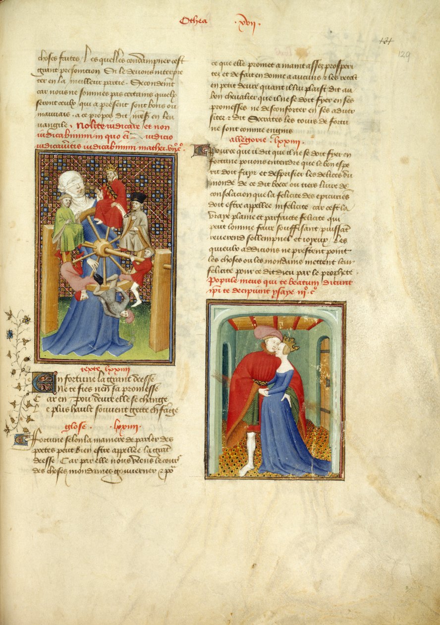 Harley 4431, f.129 The Wheel of Fortune; e Paris abraçando Helena, de 