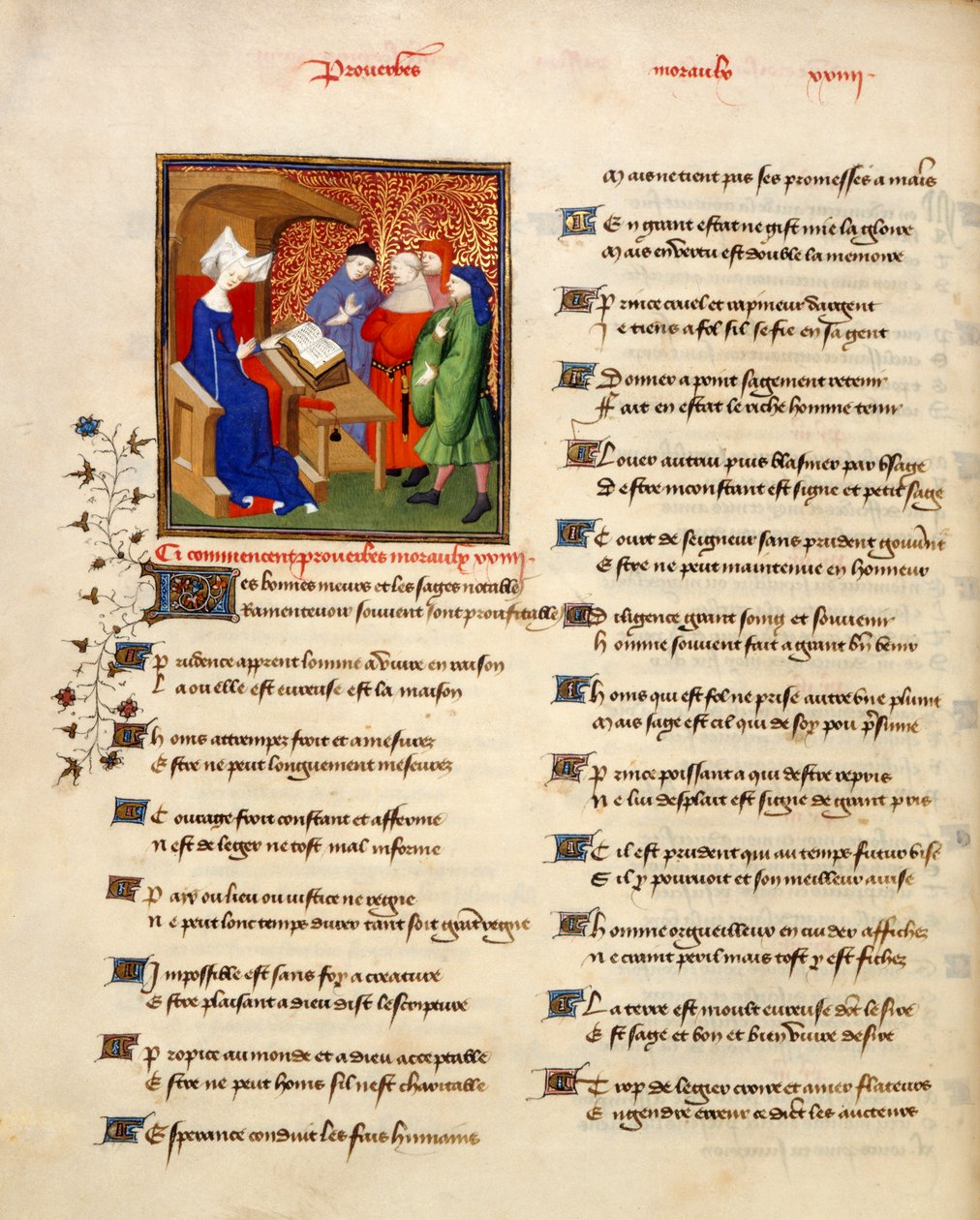 Harley 4431 volume II, f.259v Miniatura de uma mulher lendo provérbios morais no início dos 