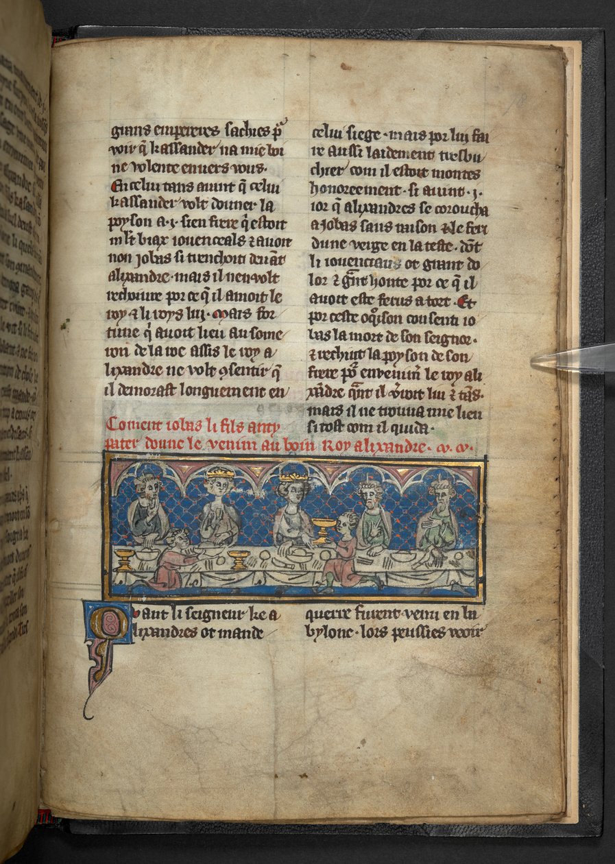 Harley 4979, f.78 Alexandre recebendo veneno de Jobas durante um banquete.  , de 