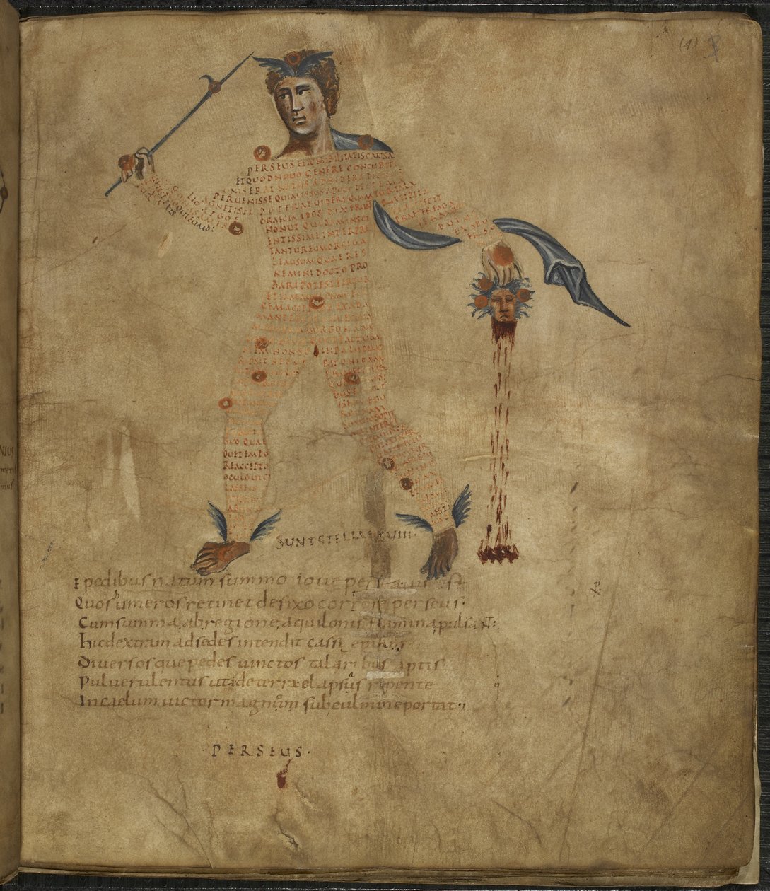 Harley 647, f.4 Ilustração de Perseu, um herói da mitologia grega, com a cabeça da Medusa de pêlo de serpente, com texto ou erudição dentro da figura da constelação, de 