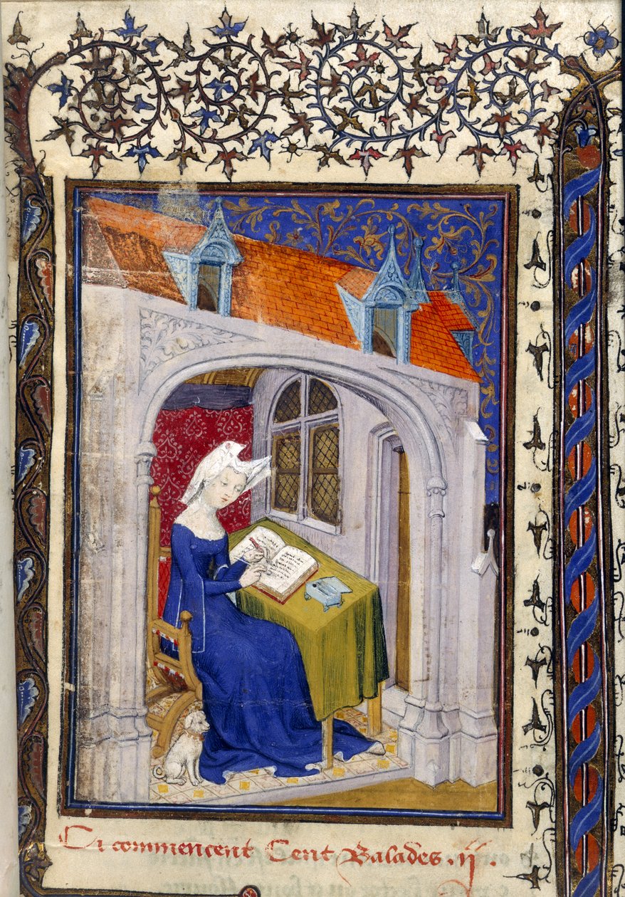 Harley MS 4431 f.004r Detalhe de uma miniatura de Christine de Pizan no seu estudo no início das 