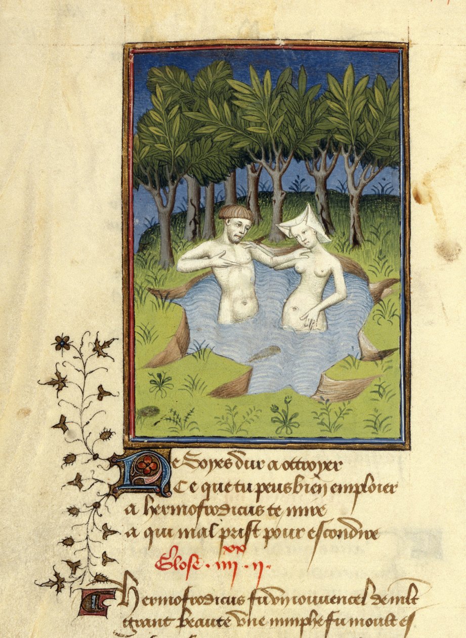 Harley MS 4431, f.132v, Miniatura de Hermafrodito e a ninfa Salmacis tomando banho em um lago, de 