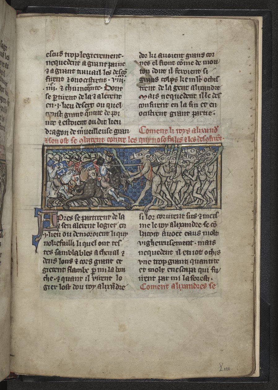 Harley MS 4979 f.72r Alexander combatendo homens com cabeças de cavalos, de 