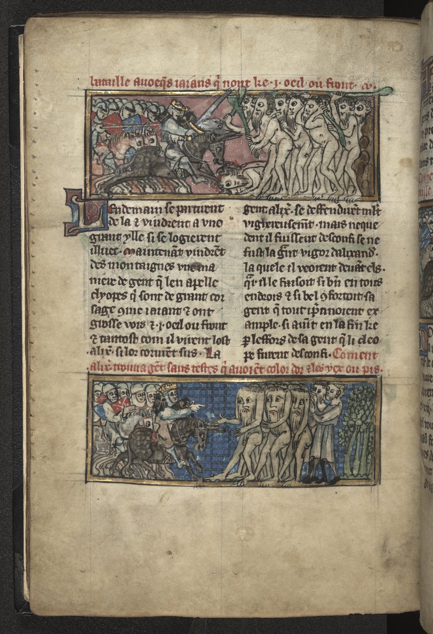 Harley MS 4979 f.72v Alexander combatendo Cíclopes; Alexander combatendo um grupo de blemmyes, de 