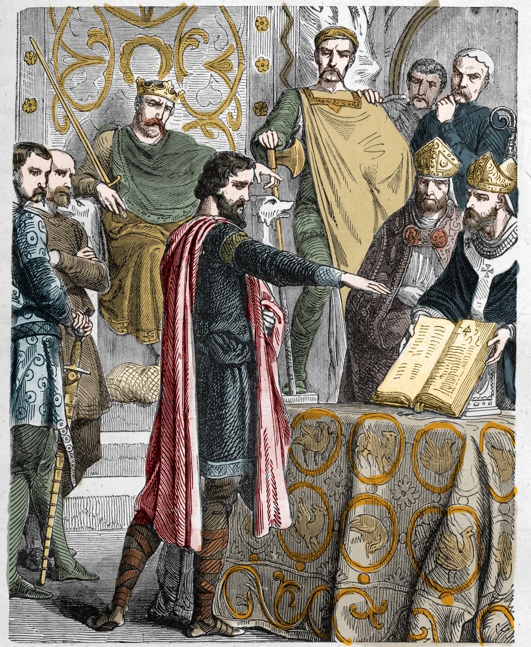 Haroldo II (1020-1066), último rei anglo-saxão coroas em 1064, jurou sobre as relíquias sagradas perante Guilherme I o Conquistador para apoiar a sua causa no trono da Inglaterra na morte de Eduardo, o confessor. de French School