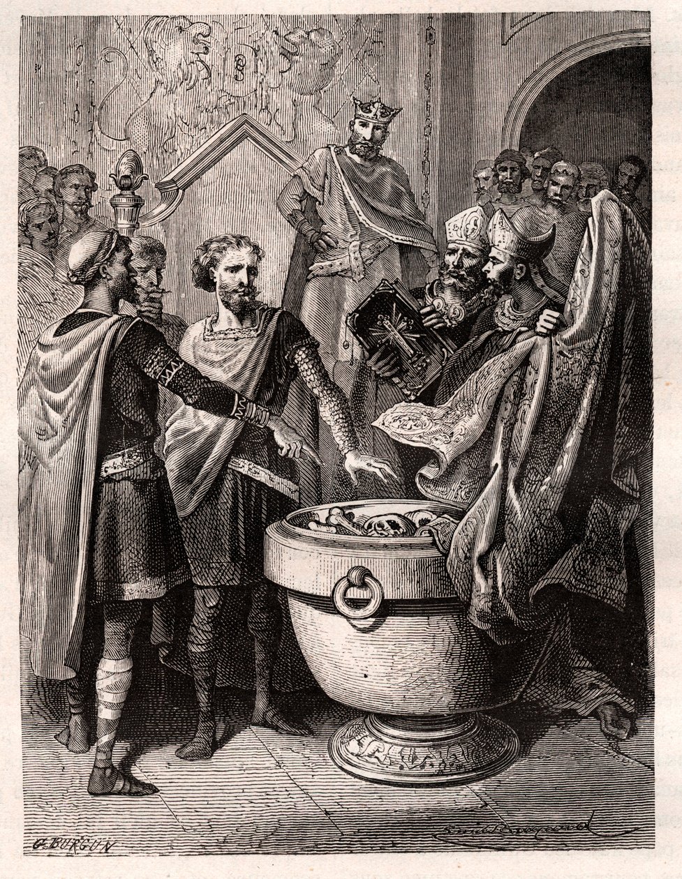 Haroldo II (1020-1066), último rei anglo-saxão coroado em 1064, prestou juramento sobre relíquias sagradas perante Guilherme I, o Conquistador, para apoiar a sua causa no trono da Inglaterra na morte de Eduardo, o confessor, por volta de 1064 (Haroldo pres de French School