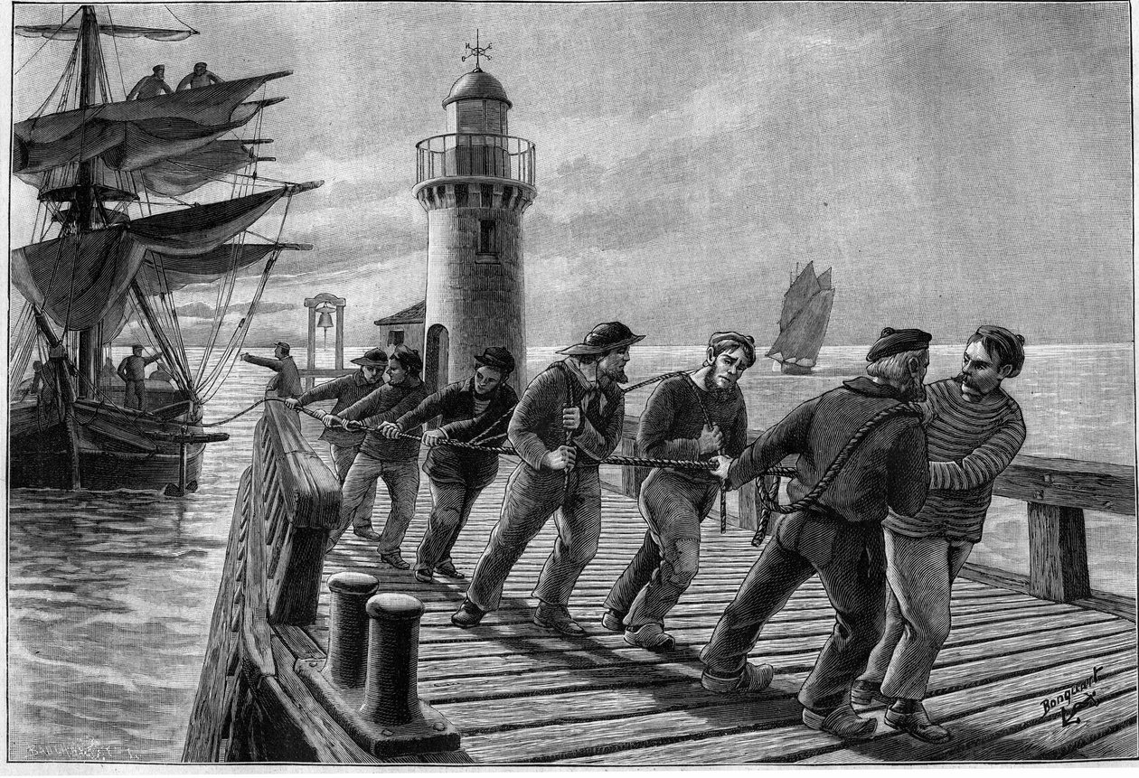 Transportadores a rebocar um barco, no final do século XIX. Gravação no "Journal des Voyages" de 26 de Março de 1899. de French School