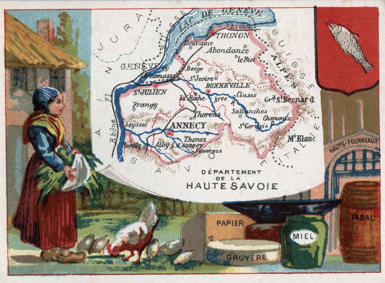 Haute Savoie (Haute-Savoie, 74), Rhone Alpes (Rhone-Alpes), França. Especialidade local: papel, gruyere, mel, tabaco e altos-fornos. Série sobre os Departamentos franceses. Chromolitografia (Chromo) "o fio geográfico", cerca de 1920. Coleção particular de French School