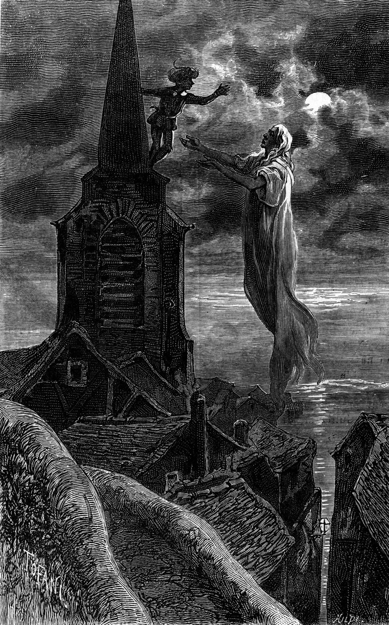 Ele apareceu na torre do sino da igreja. Gravura ilustrando o romance "Fogo e Chama" de Zenaide Fleuriot. Em "Le Journal de la jeunesse". de French School