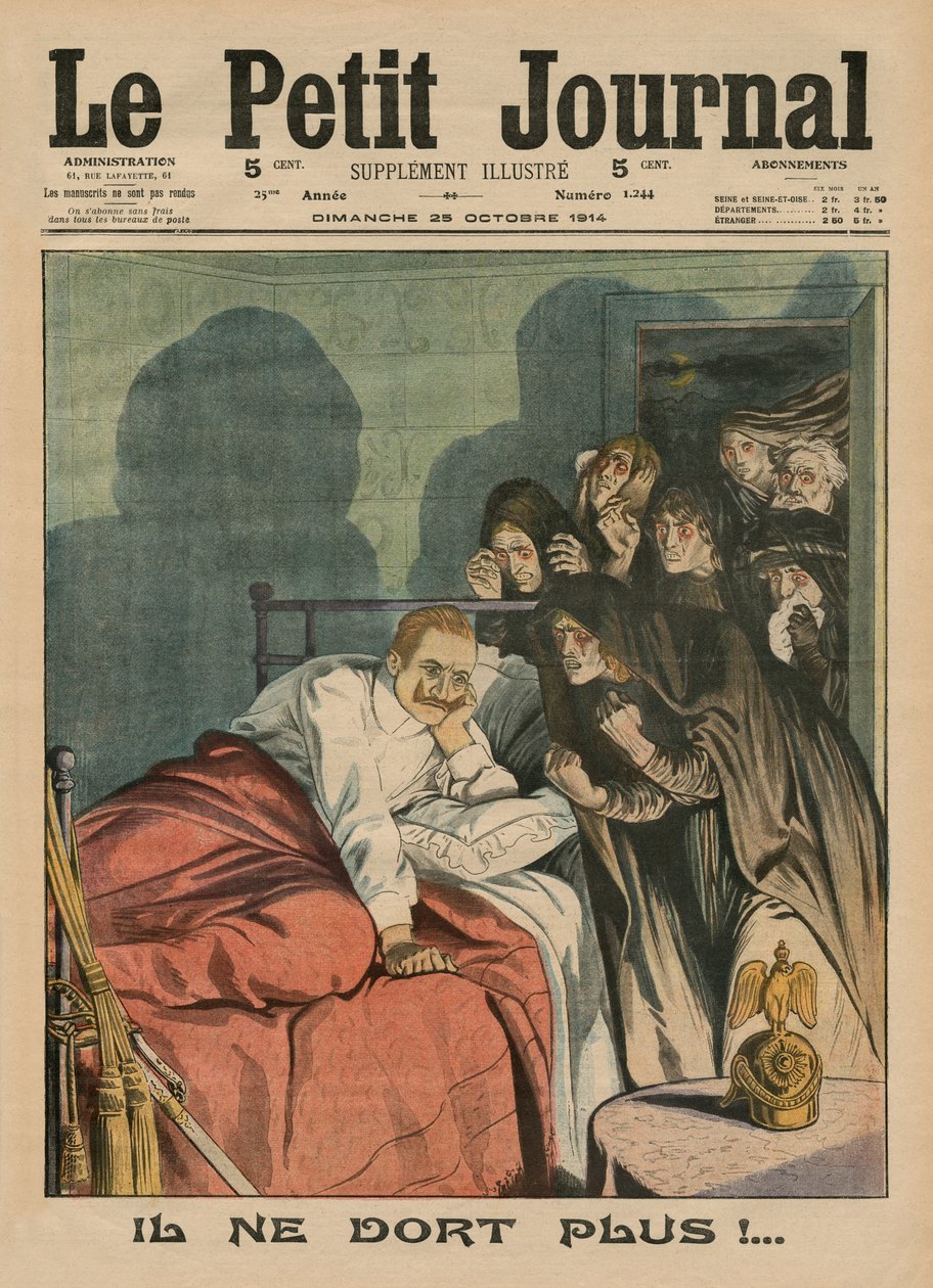 Ele não dorme mais !, ilustração da capa do &39;Le Petit Journal&39;, suplemento ilustre, 25 de outubro de 1914 de French School