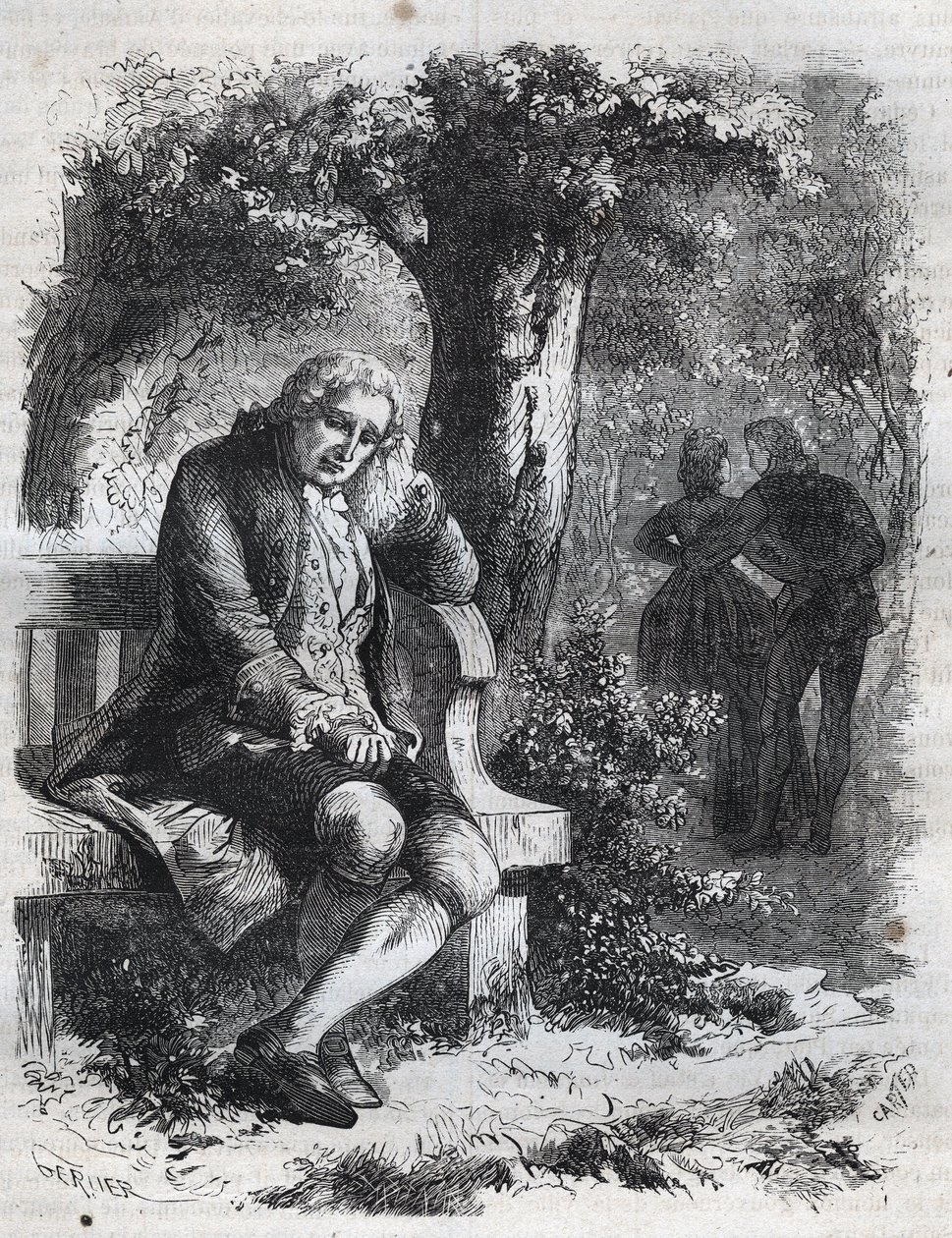 Ele ouviu o sussurro de um beijo." O filósofo suíço Jean Jacques (Jean-Jacques) Rousseau (1712-1778) surpreende a sua companheira Marie-Therese (Marie Therese) Le Vasseur (Levasseur) (1721-1801) em pleno adultério. Gravura de 1871 em "Histoire Des Cocuses de French School