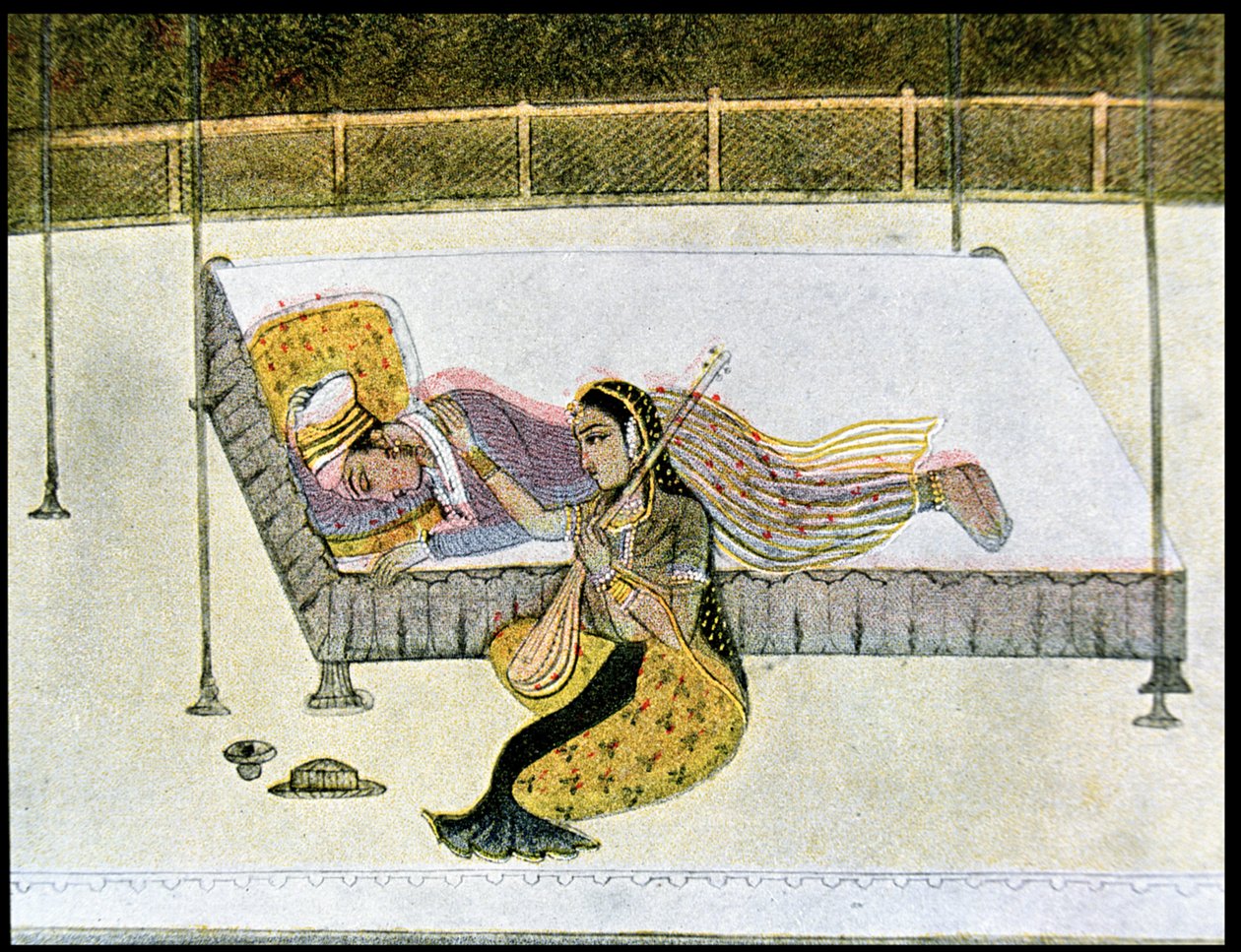 Ele não é nada sem música, ilustração para The Arabian Nights, 1895 (gravura a cores) de French School