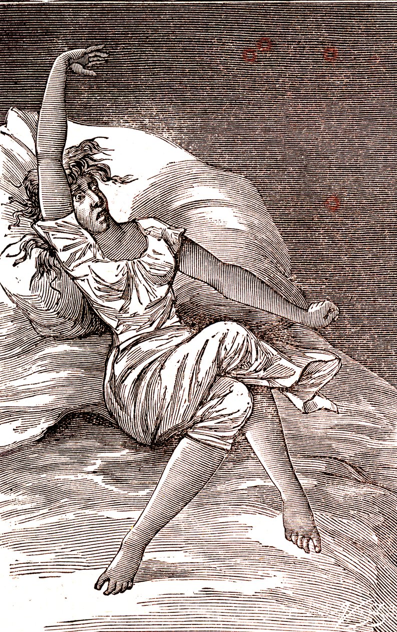 Dores de cabeça, melancolia e histeria, ansiedade. 1887 (gravura) de French School