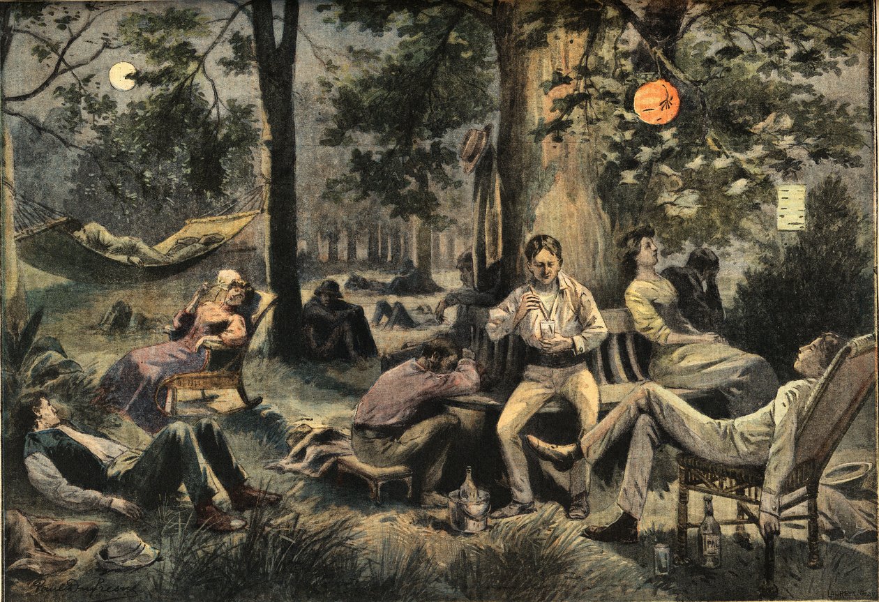 Calor em Nova Iorque: acampamento dos residentes nos parques, do jornal "Le Petit Parisien", em 26/07/1908 (gravura) de French School