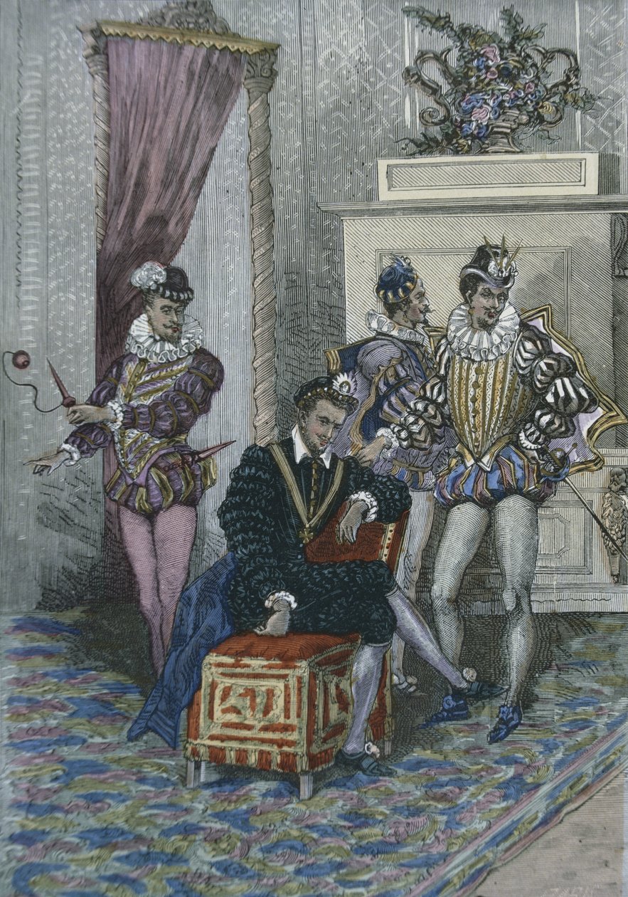 Henri III (1551-89) e seus favoritos (gravura a cores) de French School