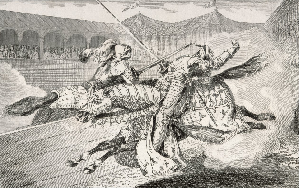 Henri II (1519-59) é fatalmente ferido em uma justa durante as celebrações do casamento de sua filha, de &39;Histoire de France&39; por Colart, publicado em 1840 de French School