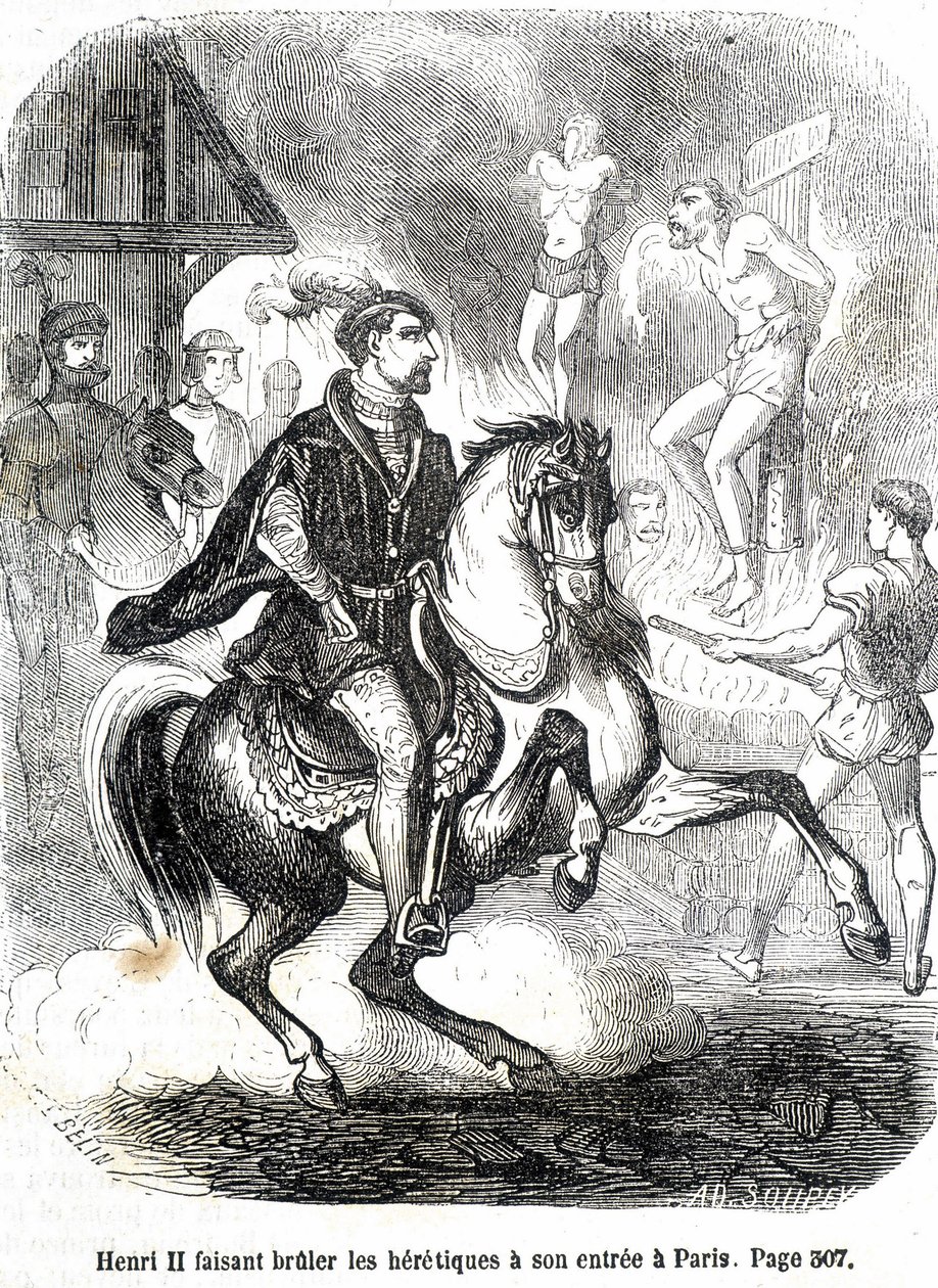 Henri II (1519 - 1559) fazendo os hereges queimarem em sua entrada em Paris - em “Histoire de France” de L.-P. Anquetil de French School