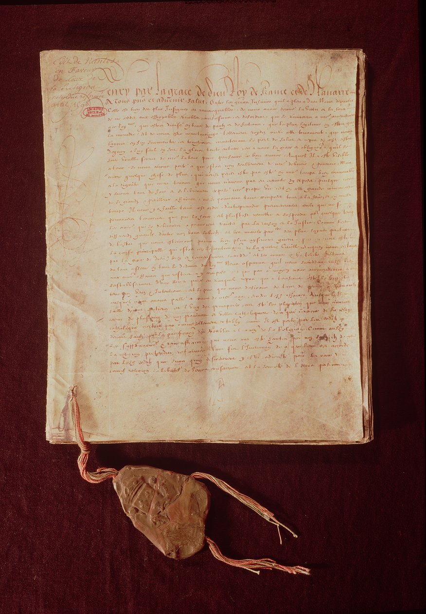 Henrique IV, Pela Graça de Deus, Rei da França e Navarra, primeira página de &39;O Edito de Nantes&39;, 1598 (ver também 166021) (tinta no papel) de French School
