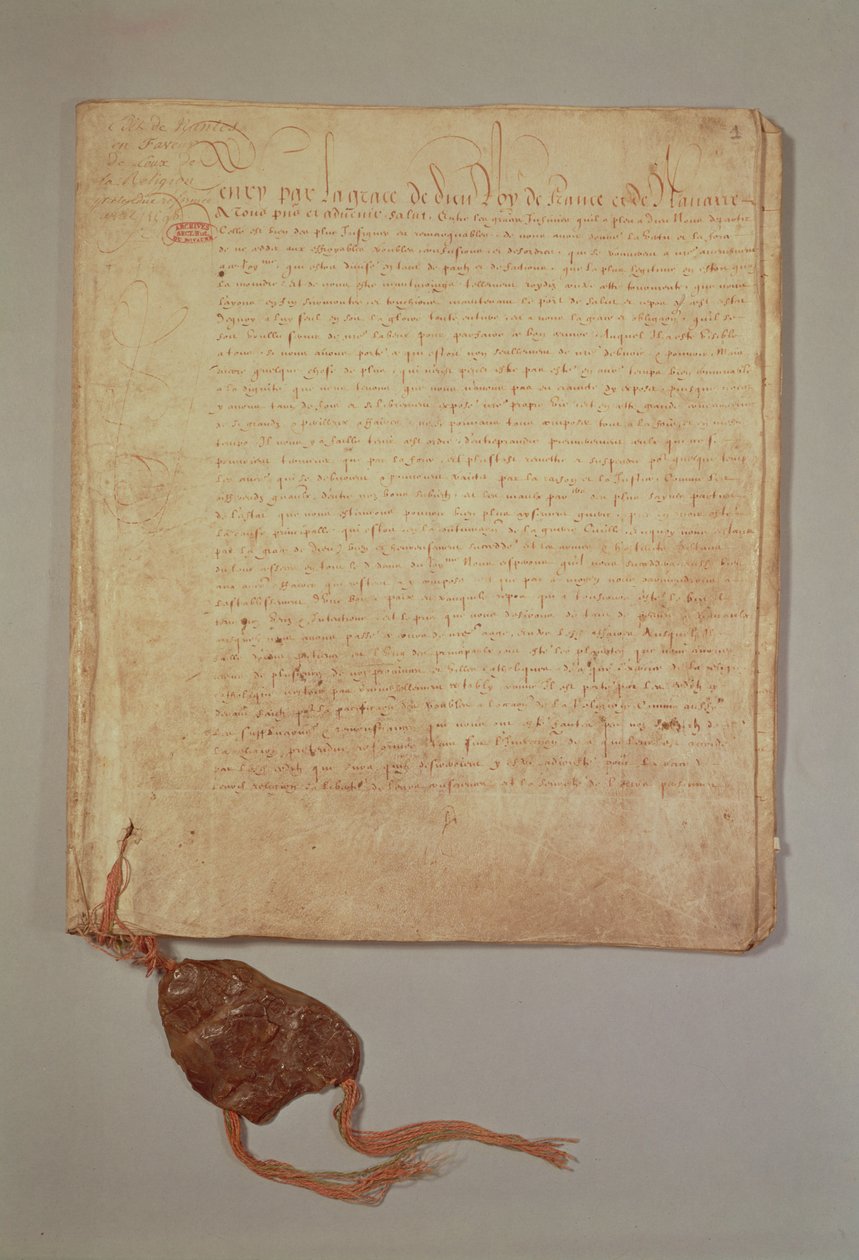 Henri IV, Pela Graça de Deus, Rei da França e Navarra, primeira página de &39;O Edito de Nantes&39;, 1598 (ver também 156756) (tinta no papel) de French School