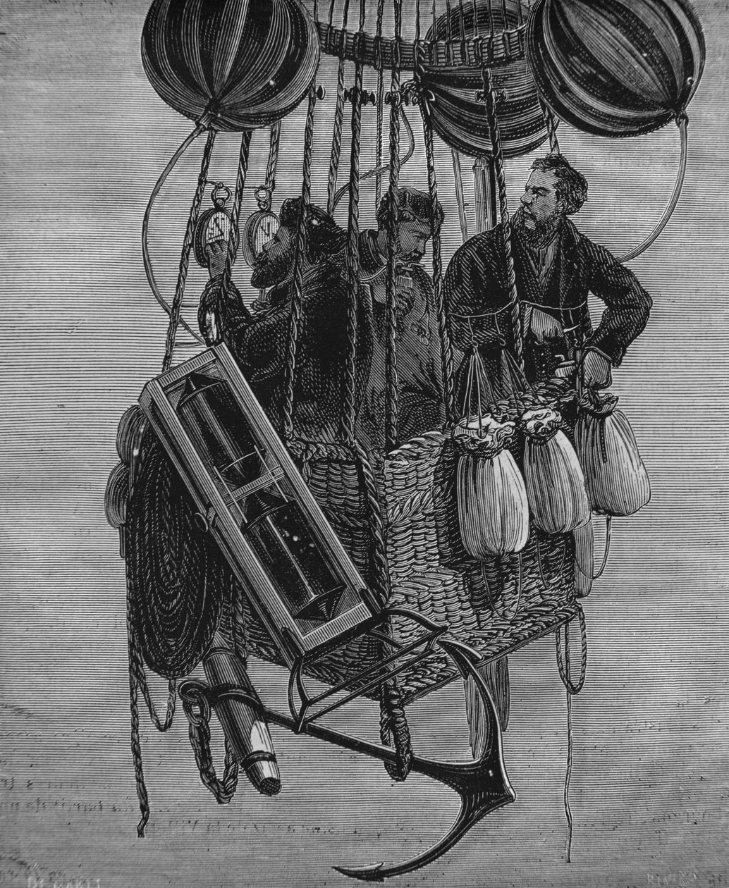 Henri Theodore Sivel (1834-1875), Joseph Croce Spinelli e Gerard Tissandier na gôndola do balão Zenith, 15 de abril de 1875 de French School