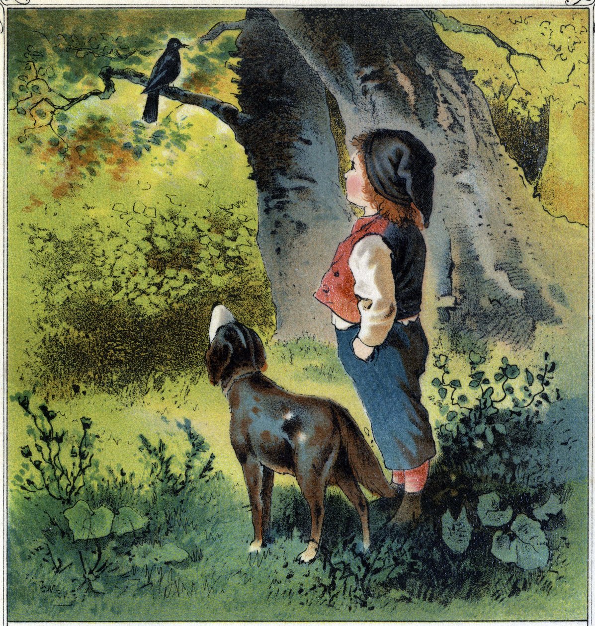Henri observa um melro num ramo da floresta, voltando à sua vida se ele fosse um pássaro. Cromolitografia de "Childhood Scenes" ed. Guerin - Muller por volta de 1885. de French School