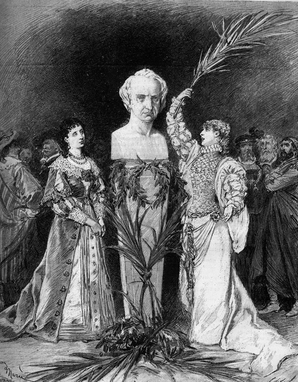 Henriette Rosine Bernard chamou Sarah Bernhardt (1844-1923) recitando "A Batalha de Hernani" de François Coppee, em frente ao busto de Victor Hugo (1802-1885), por ocasião do cinquentenário da peça "Hernani". Paris, Comedie Francaise de French School