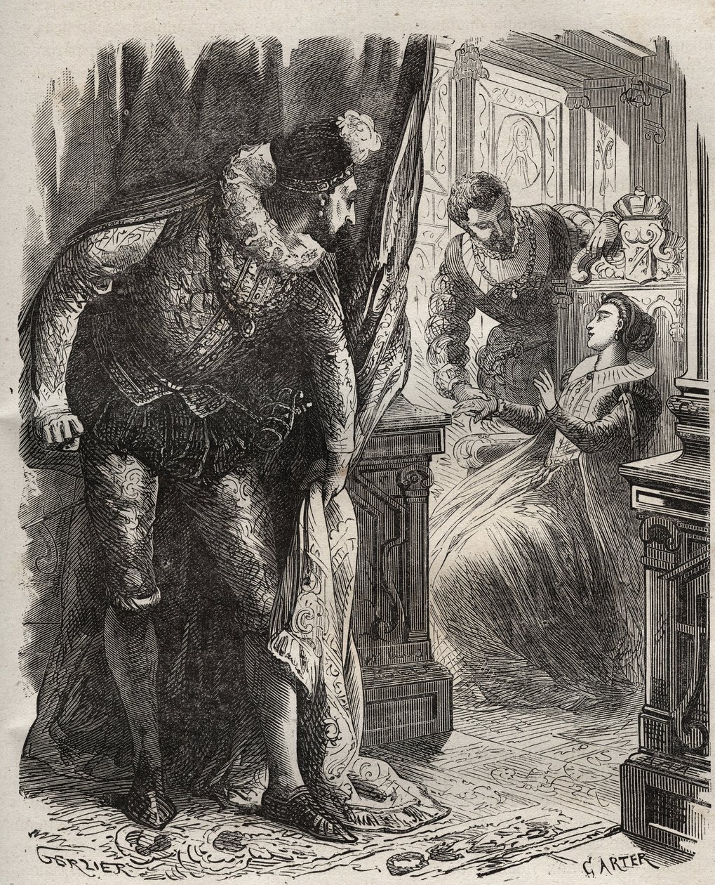 Henry (Henry) Stuart dit Lord Darnley (1545-1567) surpreendeu sua esposa, Rainha Mary (Mary) Iere Stuart (1542-1587), com seu secretário particular, David Rizzio (d. 1566). Gravura de 1871 em "Histoire Des Cocuses Celebres" de Henry de Kock (1819-1892). de French School