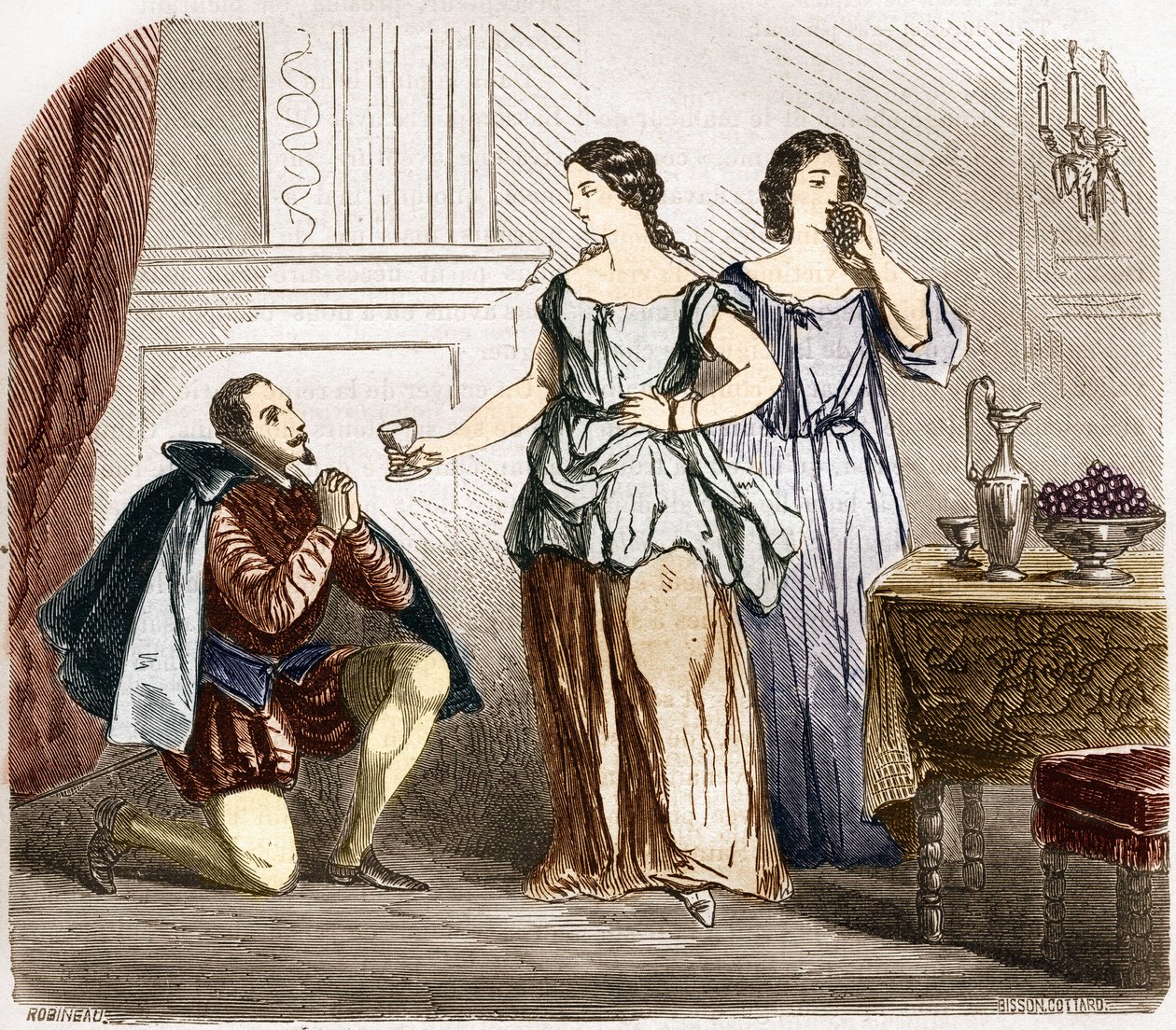 Henrique IV (1553-1610), rei da França sendo servido por mulheres semi-nuas. Gravação em "A história da prostituição e do deboche entre todos os povos do mundo desde a antiguidade até os dias de hoje" pelo Dr. Th. -F. Debray. 1879. de French School