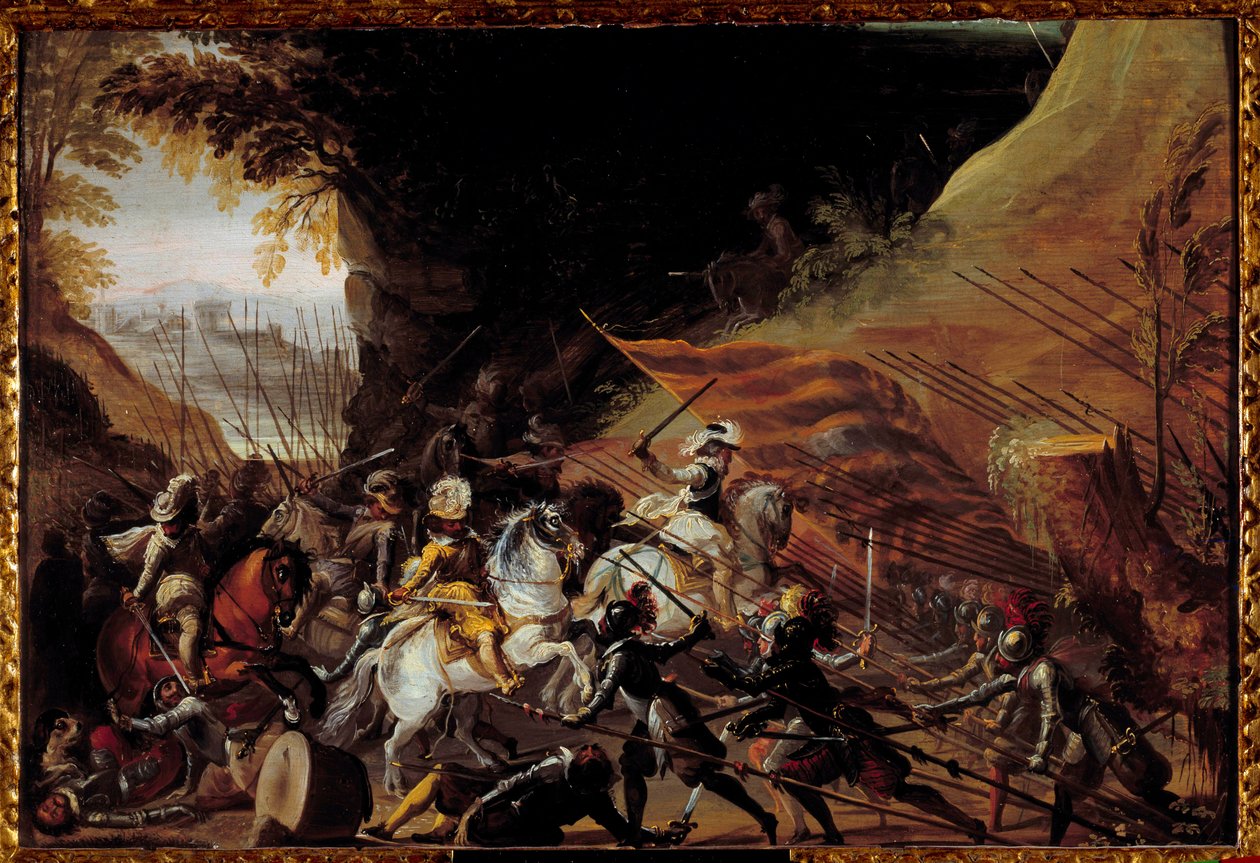 Henrique IV (1589-1610) a carregar à cabeça da sua cavalaria. Pintura francesa anónima do século XVII. Óleo sobre madeira. Dim: 0,35 X 0,52m. Pau, Musee Du Chateau de French School