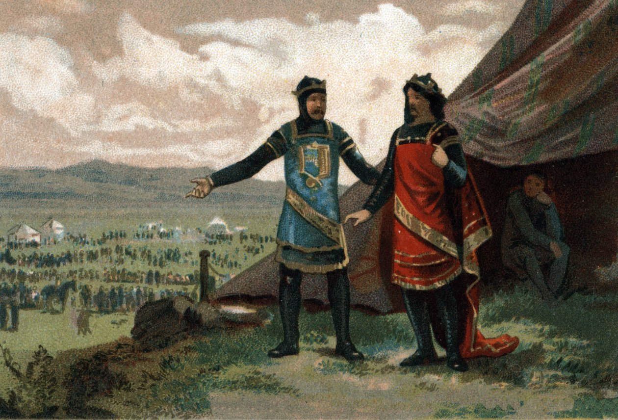 Henrique I, Rei da França (1008-1060) recebeu o Duque da Normandia Robert, o Diabo (também conhecido como Le Magnifique) e providenciou-lhe um exército para recuperar o seu reino. Cromolitografia por volta de 1890. de French School