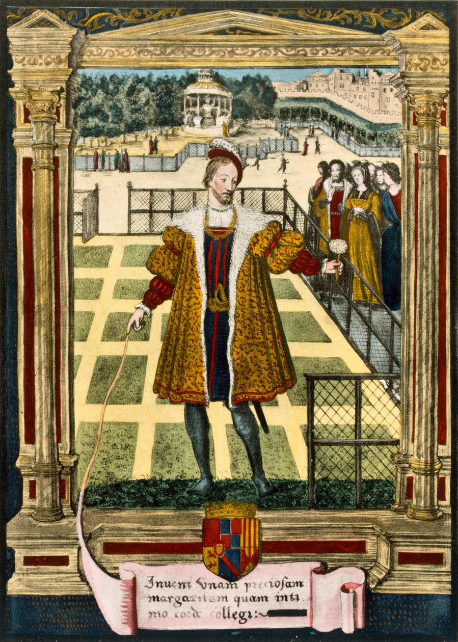Henrique dAlbret (1503-55), rei de Navarra, apresentando uma flor de Marguerite a Marguerite, irmã do rei Francisco I, com quem se casou em 1527 de French School