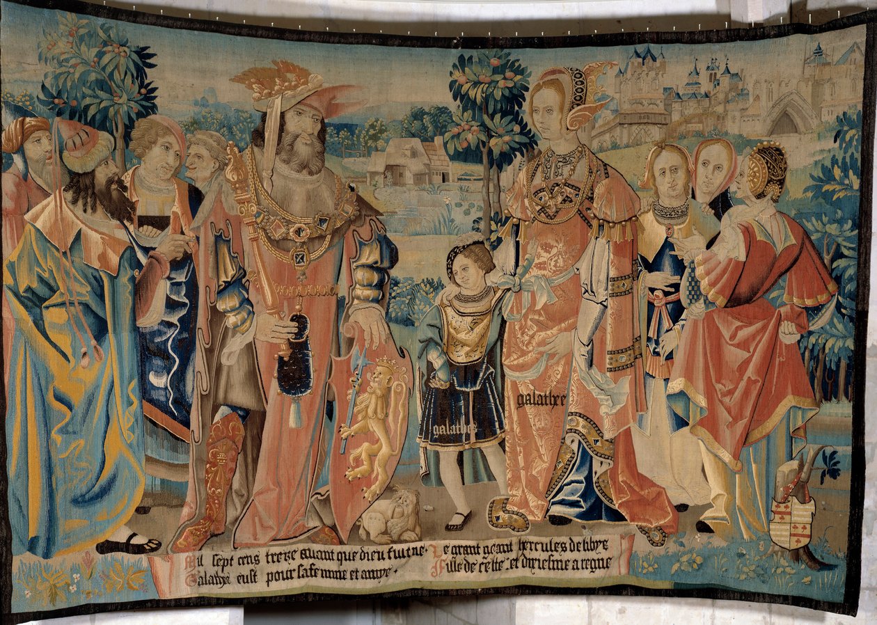 Hércules da Líbia com sua esposa Galathee e seu filho Galathes cercado por seus cortesãos em frente à cidade de Alexia, em 1713 a.C. Tapeçaria de "A fabulosa história dos Gauleses", feita pela oficina de Arras. 1530 Beauvais, museu departamental de Th de French School