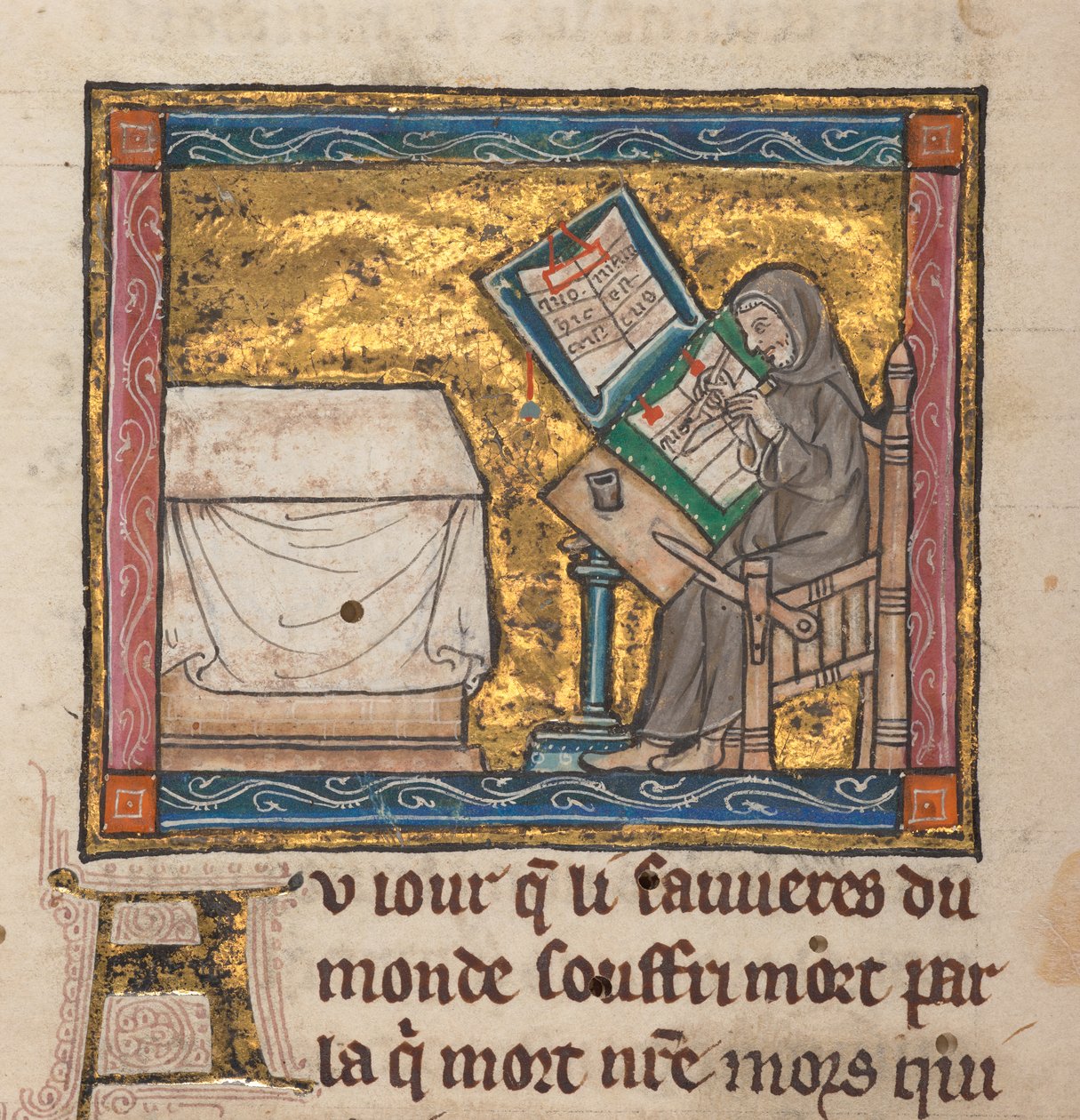 Escrita de eremita numa secretária, miniatura de "Estoire del Saint Graal, La Queste del Saint Graal, Morte Artu", c.1315-25 (tinta sobre pergaminho) de French School