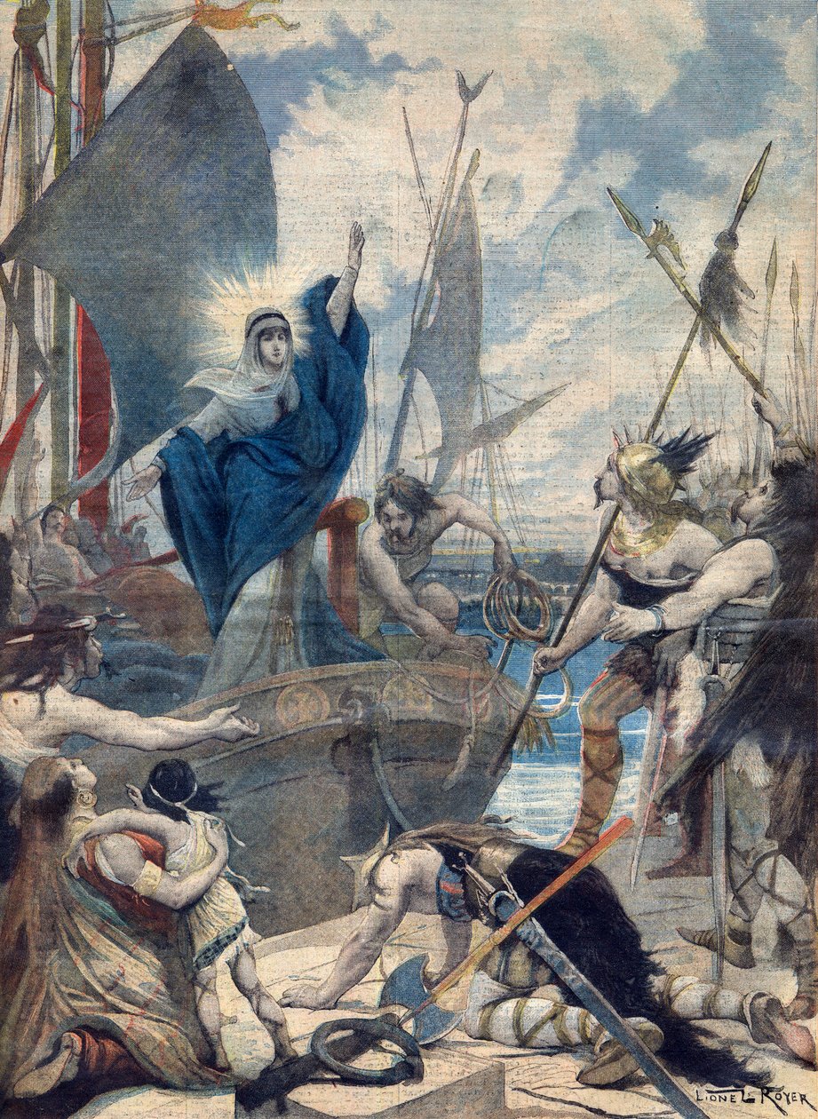 Heroínas da França: St Genevieve (423-512). Les heroines de France - Invasões barbares - Sainte Genevieve salvando a cidade de Paris. Ilustração para Le petit Journal de French School