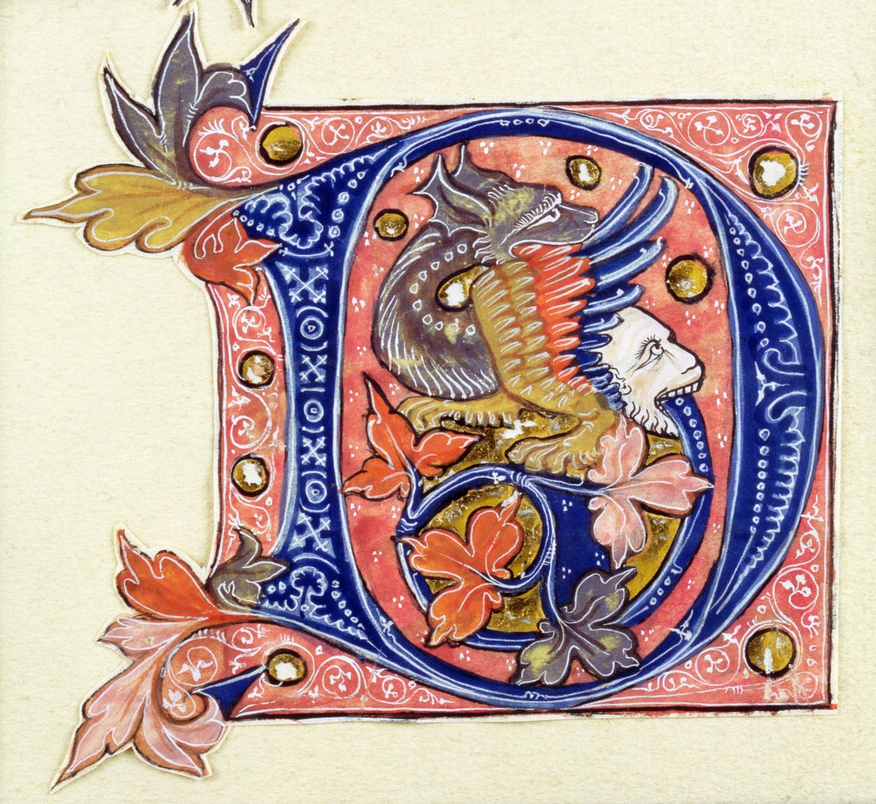 Historiated Initial D representando um peixe com uma cabeça humana de French School