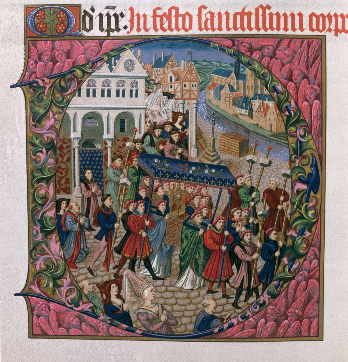 Historiated D inicial retratando uma procissão religiosa na Place de Greve, Paris, no século 15 (edição fac-símile de Missel de Jouvenel des Ursins) de French School