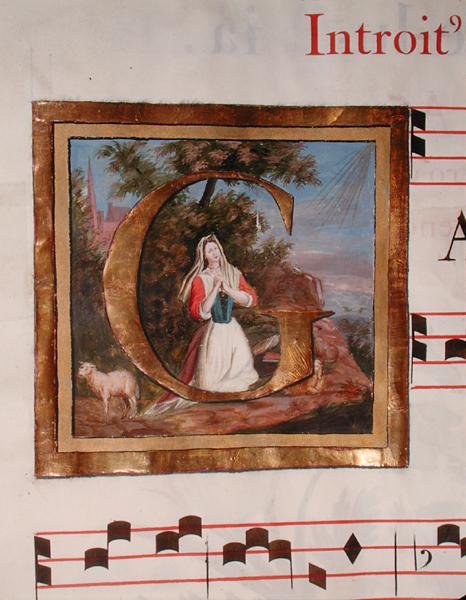 Historia do "G" inicial que representa Santa Genevieve a guardar o seu rebanho, de um manuscrito para uma missa dedicada a Santa Genevieve. de French School