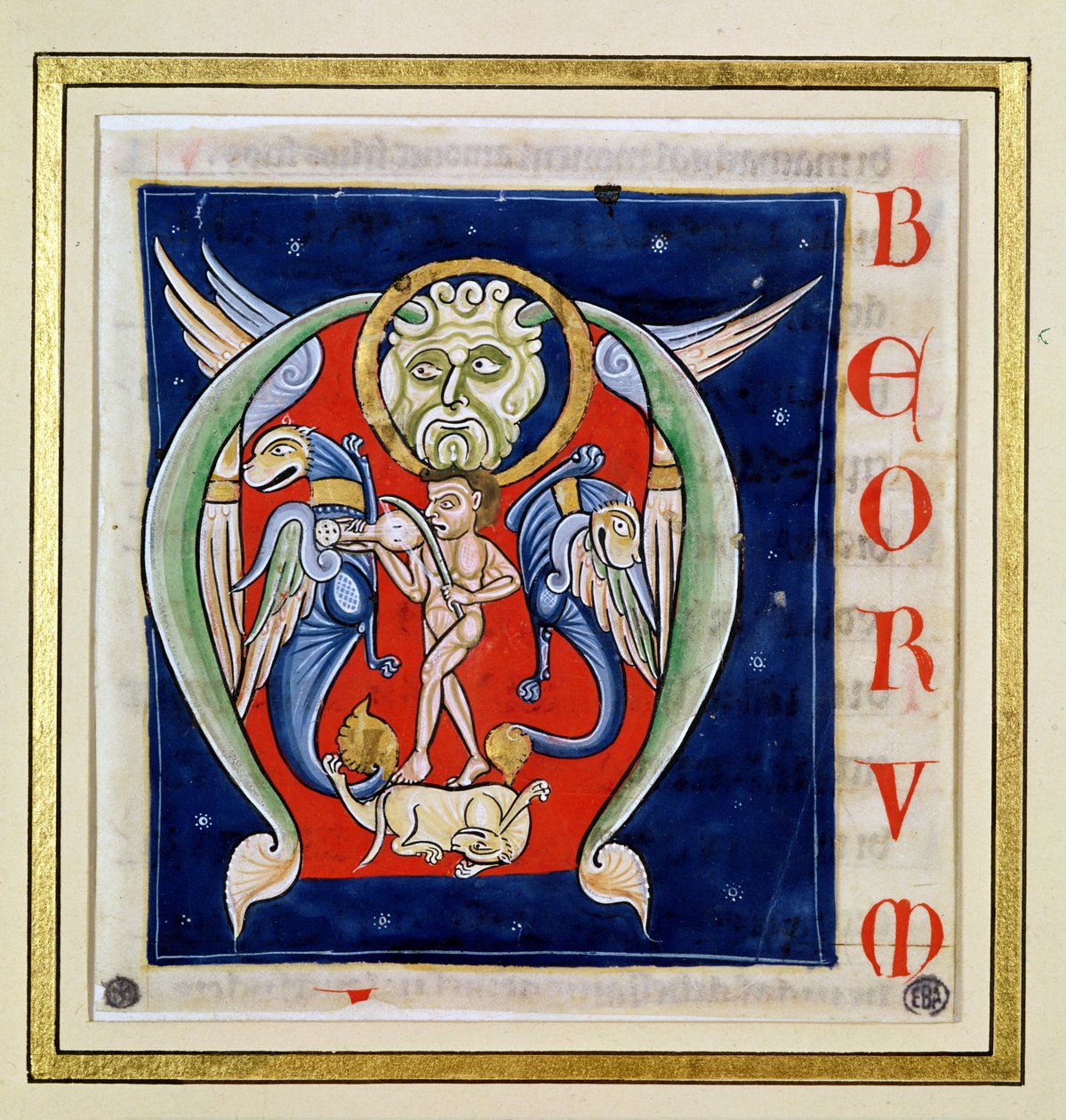 Historiated inicial &39;M&39; representando um homem jogando um rebec e animais fantásticos, da Bíblia de Saint-Andre aux-Bois de French School
