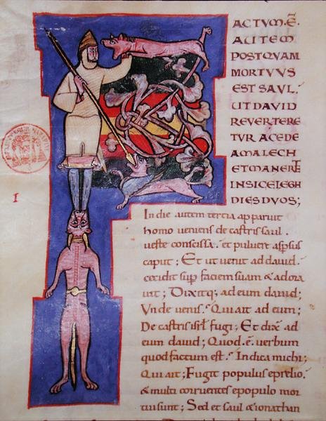 Historia o "P" inicial que retrata a morte de Saul, a partir de uma Bíblia latina de French School