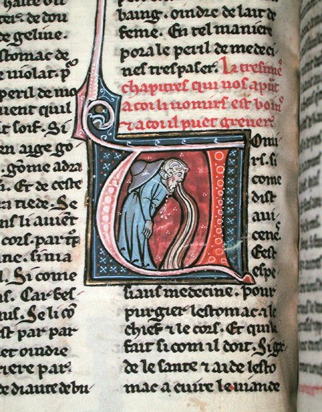 Historia inicial retratando um homem vomitando (vellum) de French School