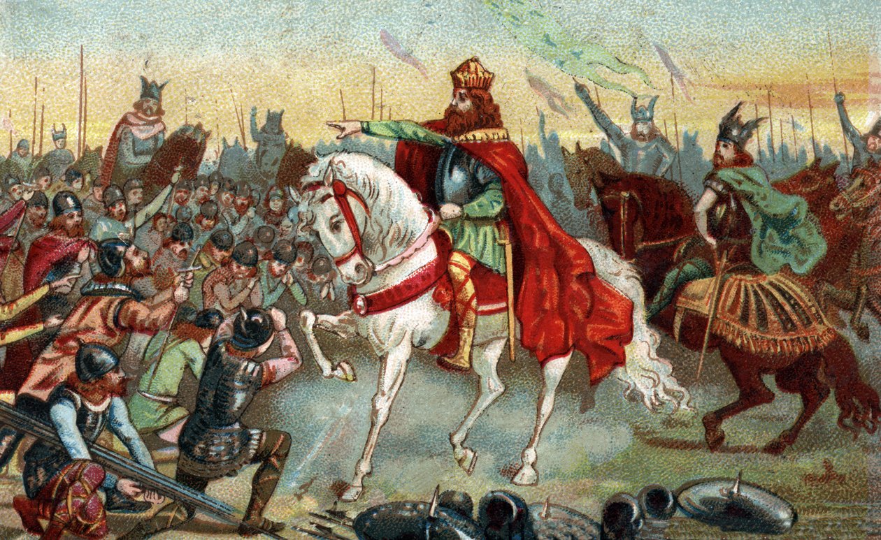História da Gália na Idade Média: Saxões alemães ajoelhados perante o rei Carlos Magno (742 - 814) que venceu as guerras. Cromolitografia do final do século XIX. de French School