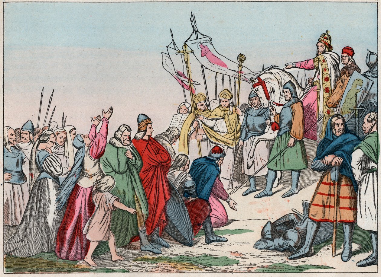 História da Gália na Idade Média: Saxões alemães ajoelhados diante do rei Carlos Magno (742 - 814), vencedor das guerras - Gravura do final do século XIX em "Nossas Glórias Nacionais - Imagens e recitais". de French School