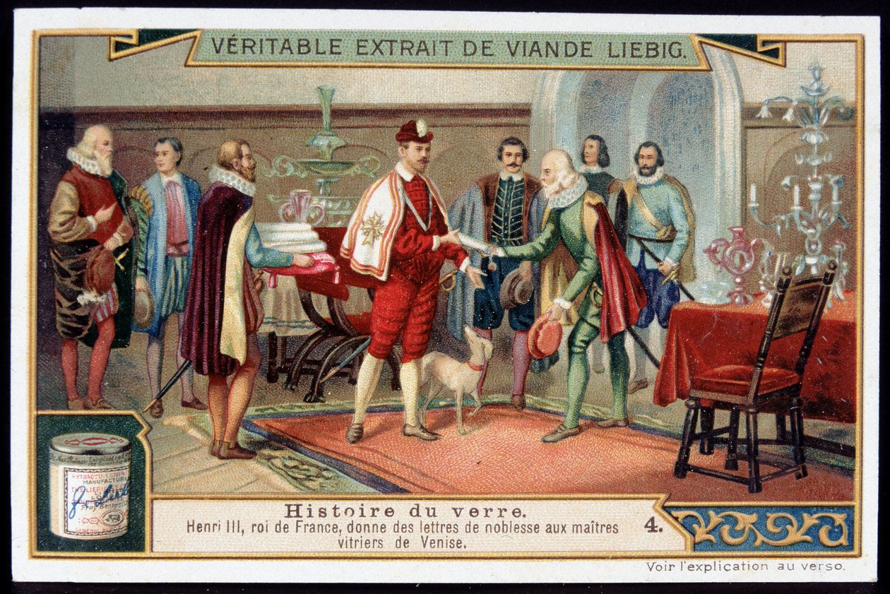 História do Vidro: Henrique III (1551-1589) Rei da França dá cartas de nobreza aos mestres vidraceiros de Veneza. Cromolitografia do final do século XIX. de French School