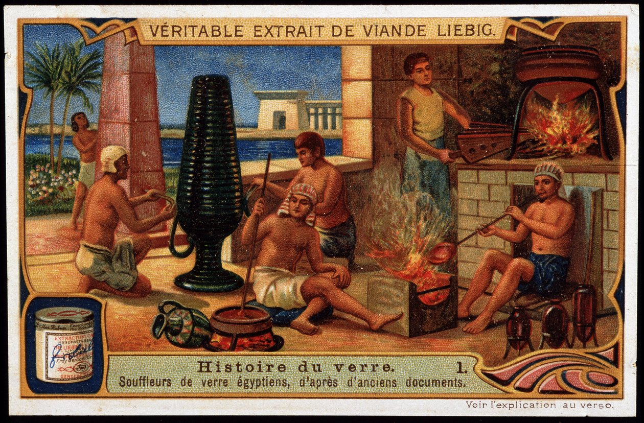 História do vidro: Sopradores de vidro egípcios, com base em documentos antigos. Cromolitografia de Liebig de French School