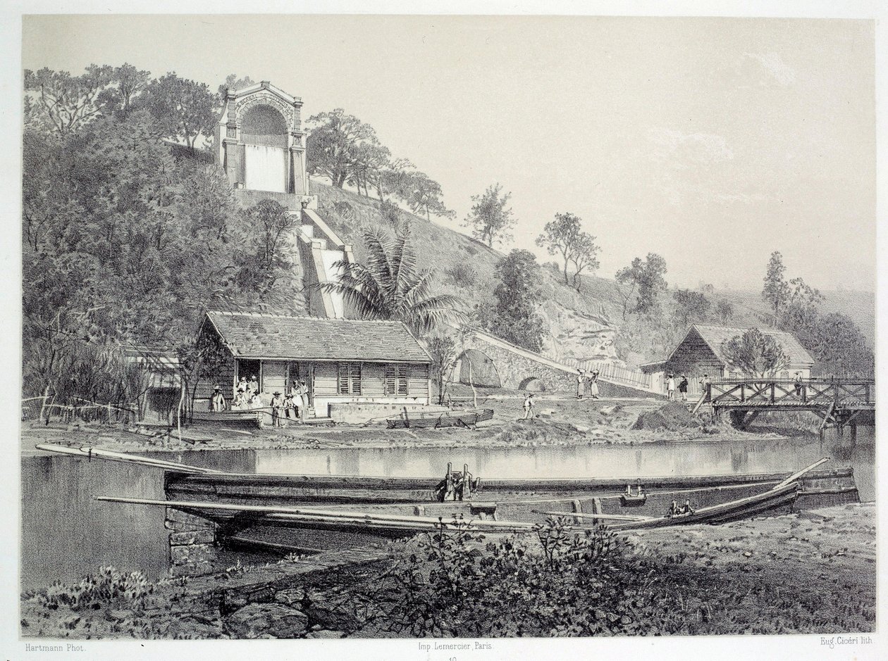 História das colónias francesas: vista do castelo de água ou do canal de Gueydon em Fort de France na Martinica (Antilhas), Chartres musee des Beaux Arts do final do século XIX de French School