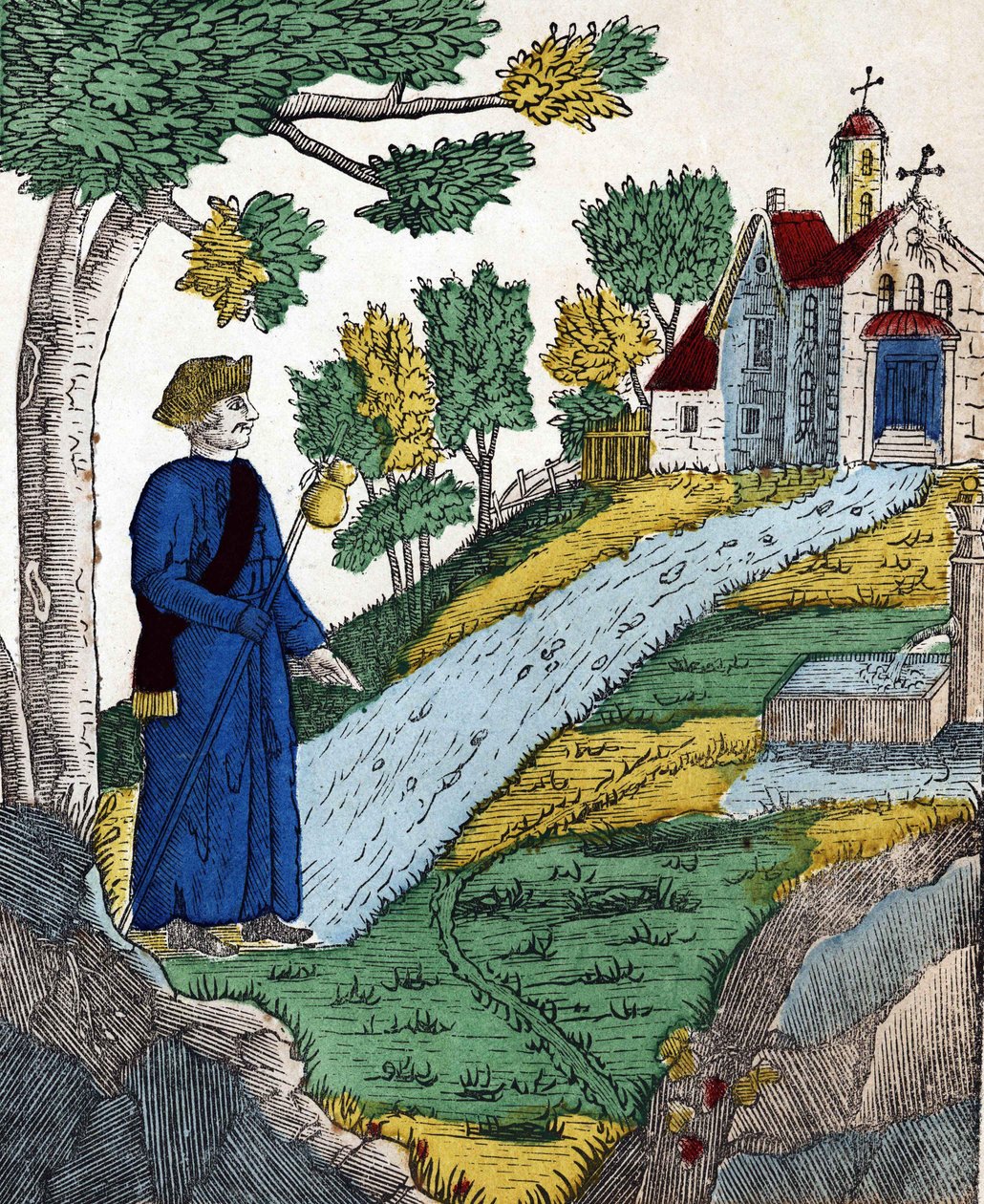 História dos quatro filhos Aymon; Maugis, depois de ter feito de Carlos Magno um prisioneiro, foi a um eremitério para ali fazer penitência, imagem de uma espinha dorsal do século XIX. de French School