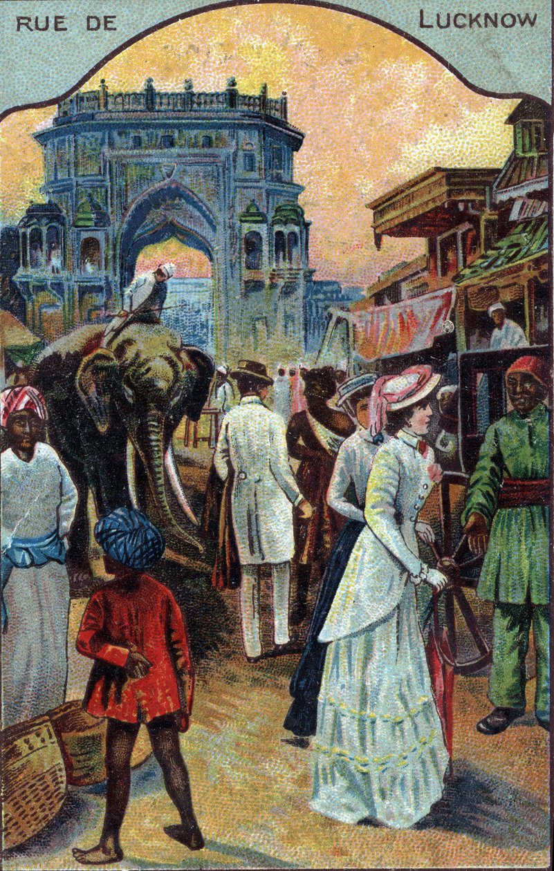 História do turismo: Turistas ocidentais numa rua de Lucknow, Índia (turistas ocidentais numa rua de Lucknow, Índia) Cromolitografia do século XIX Colecção privada de French School
