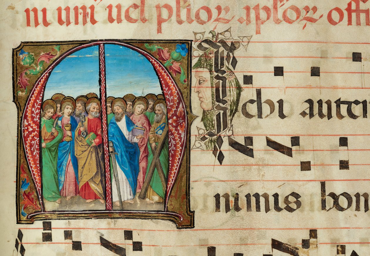 Santos Apóstolos, Gradual, f.94 (tinta, têmpera e folha de ouro em pergaminho) de French School