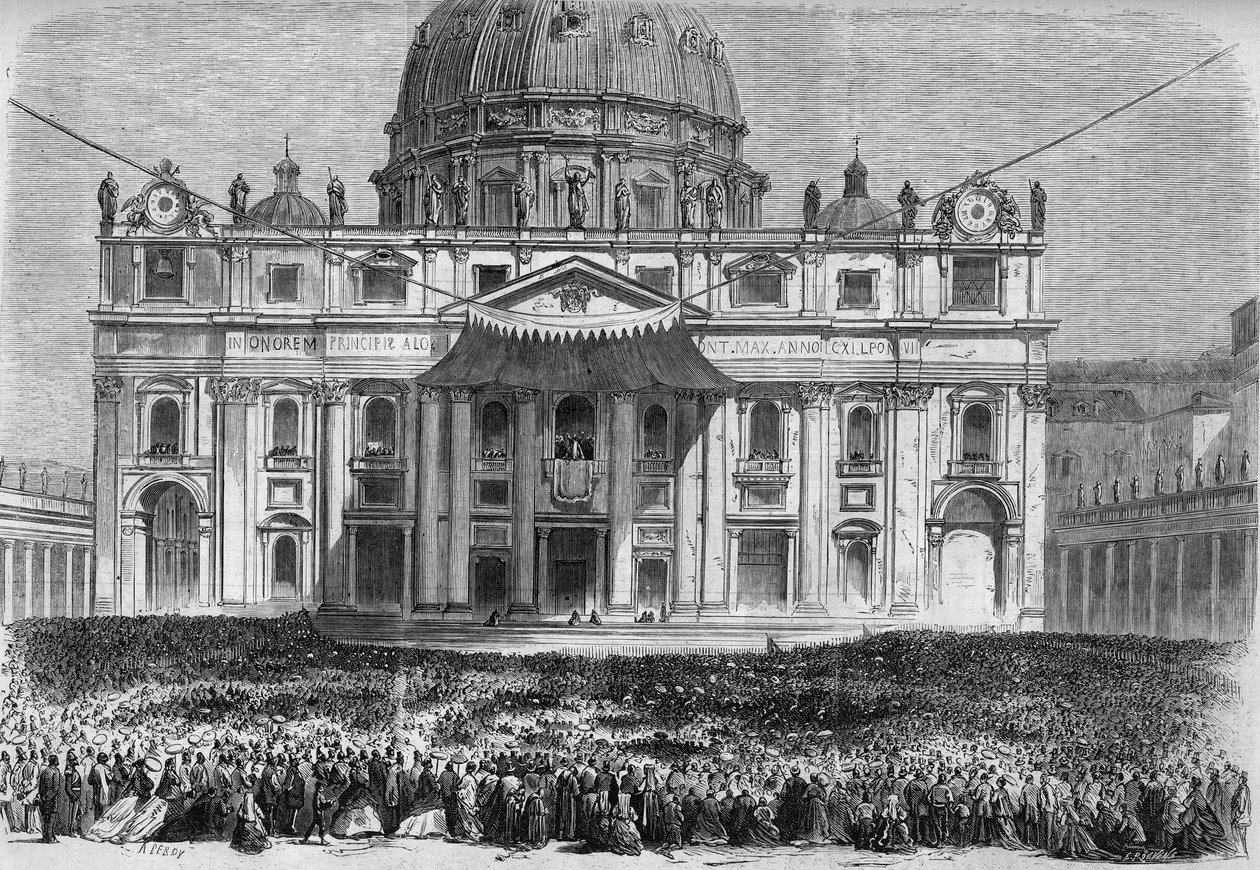 Semana Santa em Roma: vista da Praça de São Pedro em Roma (Piazza San Pietro) durante a bênção "urbi et orbi" na Quinta-feira Santa e no Domingo de Páscoa. Gravura no "Le Monde Illustré" n°526 de 11 de Maio de 1867. de French School
